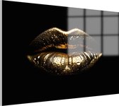 Gouden lippen met waterdruppels schilderij - Lippen wanddecoratie - Glasschilderij goud - Muurdecoratie kinderkamer - Acrylglas schilderijen - Kantoor accessoires - 150 x 100 cm 5mm