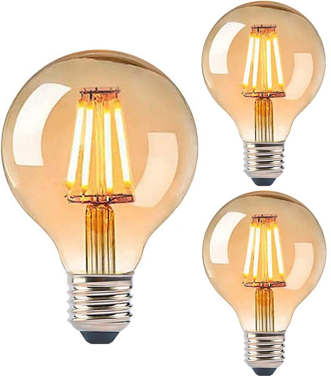 TrangoSet van 3 LED E27 3-traps dimbaar E27005*3 warm wit goudkleurig 2500 Kelvin 4 watt 400 lumen, G80 Ø8cm Filament Edison gloeilamp, amberkleurige vintage gloeilamp, retro verlichting bollamp