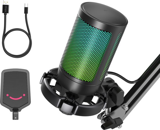 Fifine A6T USB microfoon met boom arm, popfilter en USB-kabel.