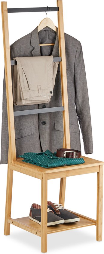 Relaxdays dressboy stoel - bamboe - kledingstoel tot 80 kg - handdoekhouder - slaapkamer