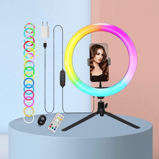 Ringlamp met statief, tafel, 29,5 cm, videoconferentielamp, desktop, standaard, ringlamp, afstandsbediening, USB, Europese stekker voor make-up, live streaming, Tiktok, YouTube