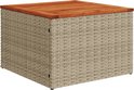 Vierkante salontafel van lichtbruin poly rotan met een houten blad.