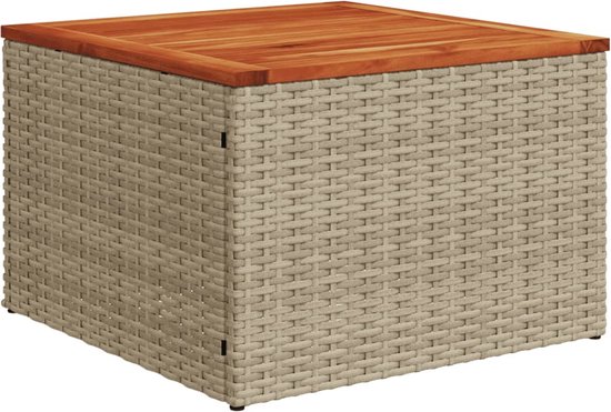 Vierkante salontafel van lichtbruin poly rotan met een houten blad.