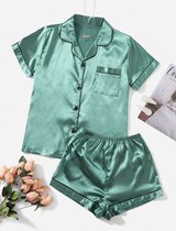 Dames Pyama Set - Luxe Pyjamaset - Nachtkleding - Dames Pyama Korte Broek - Satijn - Pyama Dames Volwassenen - Groene Pyjama Dames