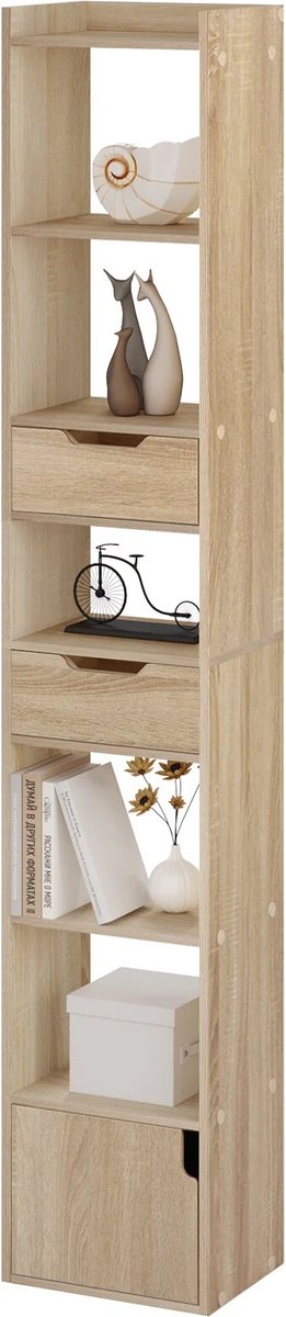 BukkitBow - Staande Boekenkast - Eiken Hout met Melamine Fineer - Ruime Opslag met Deur en Laden - Licht Eikenhout