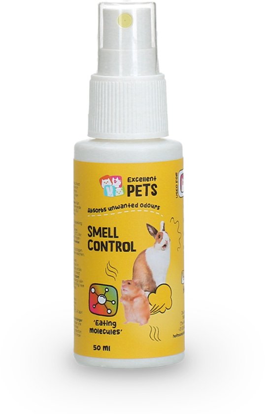 Een flesje met gele etikettering, met tekst 'Smell Control' en afbeeldingen van een konijn en hamster.