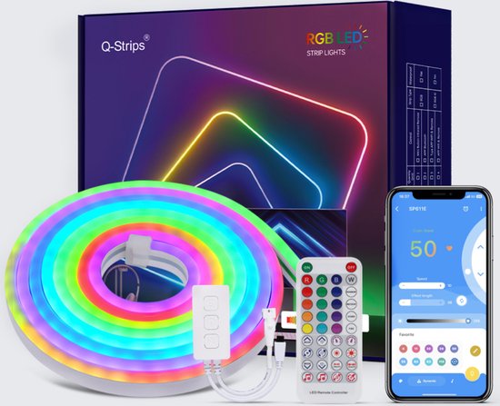 Q-Strips® - RGB Neon LED Strip 5 Meter - IP67 Waterdicht - Met App En Afstandsbediening - Smart LED-strip - 16 Miljoen Verschillende Kleuren - Kan Muziek Afspelen