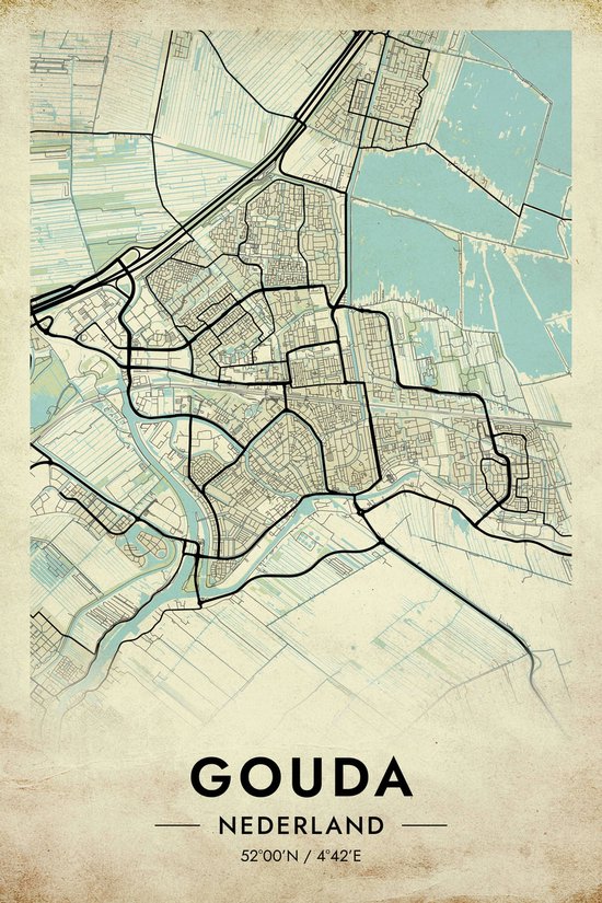 Gouda Poster Vintage | Gouda Map | Kaart van Gouda | Stadposter | 51x71cm | B2 Poster | Wanddecoratie | Muurposter | Geschikt om in te lijsten