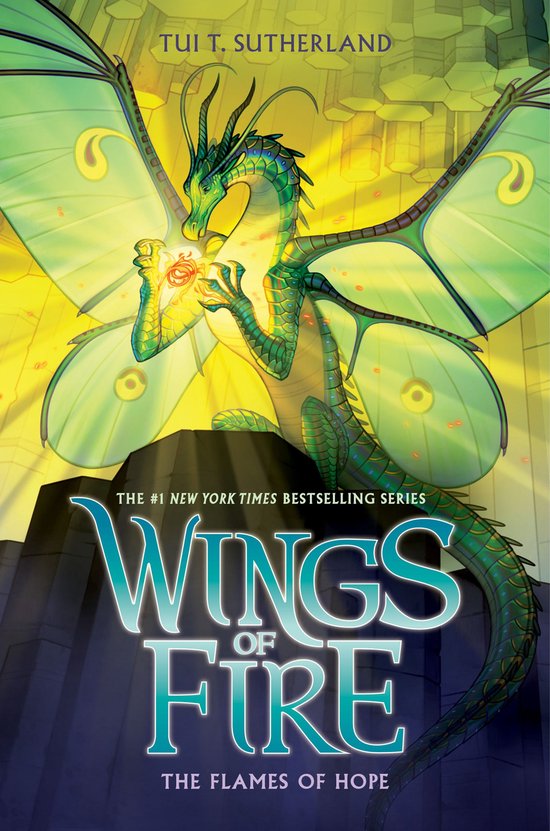 Groene draak met lichtgroene vleugels, op een rots, met 'Wings of Fire' logo.