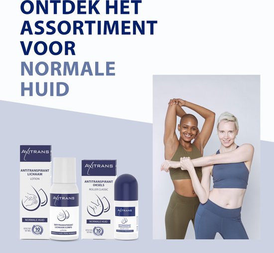 Twee vrouwen strekken zich uit, een met een kaal hoofd en een met blond haar. Axitrans producten op de voorgrond.
