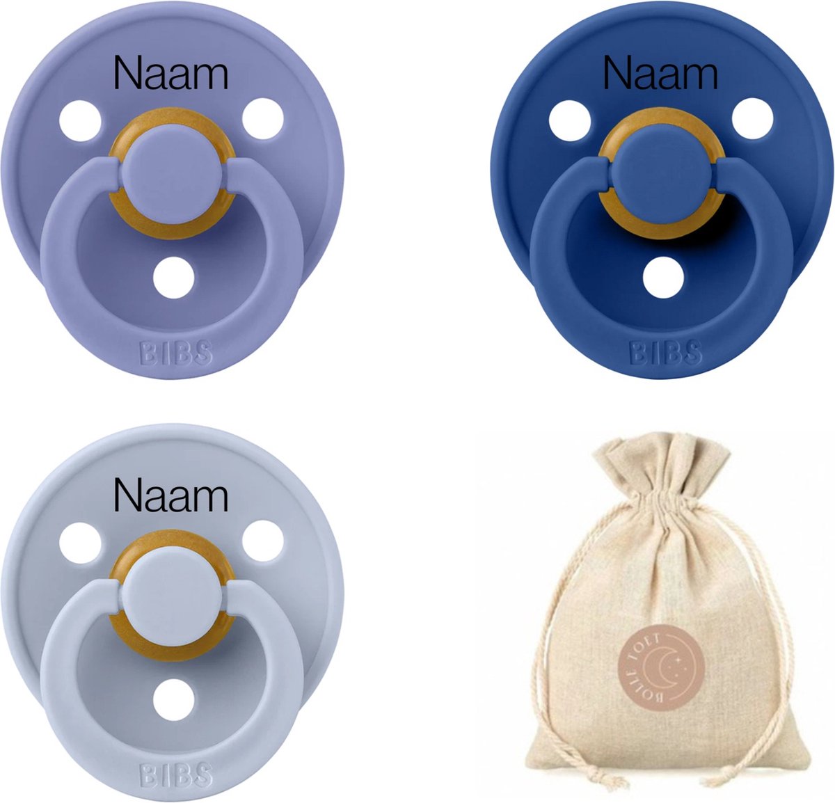Goedkoopste BIBS fopspenen met naam T2 speenzakje BolleToet - Peri , Cornflower , Dusty blue - 6-18 maanden