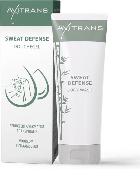Verpakking en tube Axitrans Sweat Defense Douchegel, met bamboe-illustratie en tekst over zweetreductie.