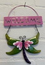 Metalen decoratie tuin hanger "welcome" vlinder - groen + roze - hoogte 30 x 20 x 1 cm - Woonaccessoires - Decoratieve hangers - Tuinaccessoires