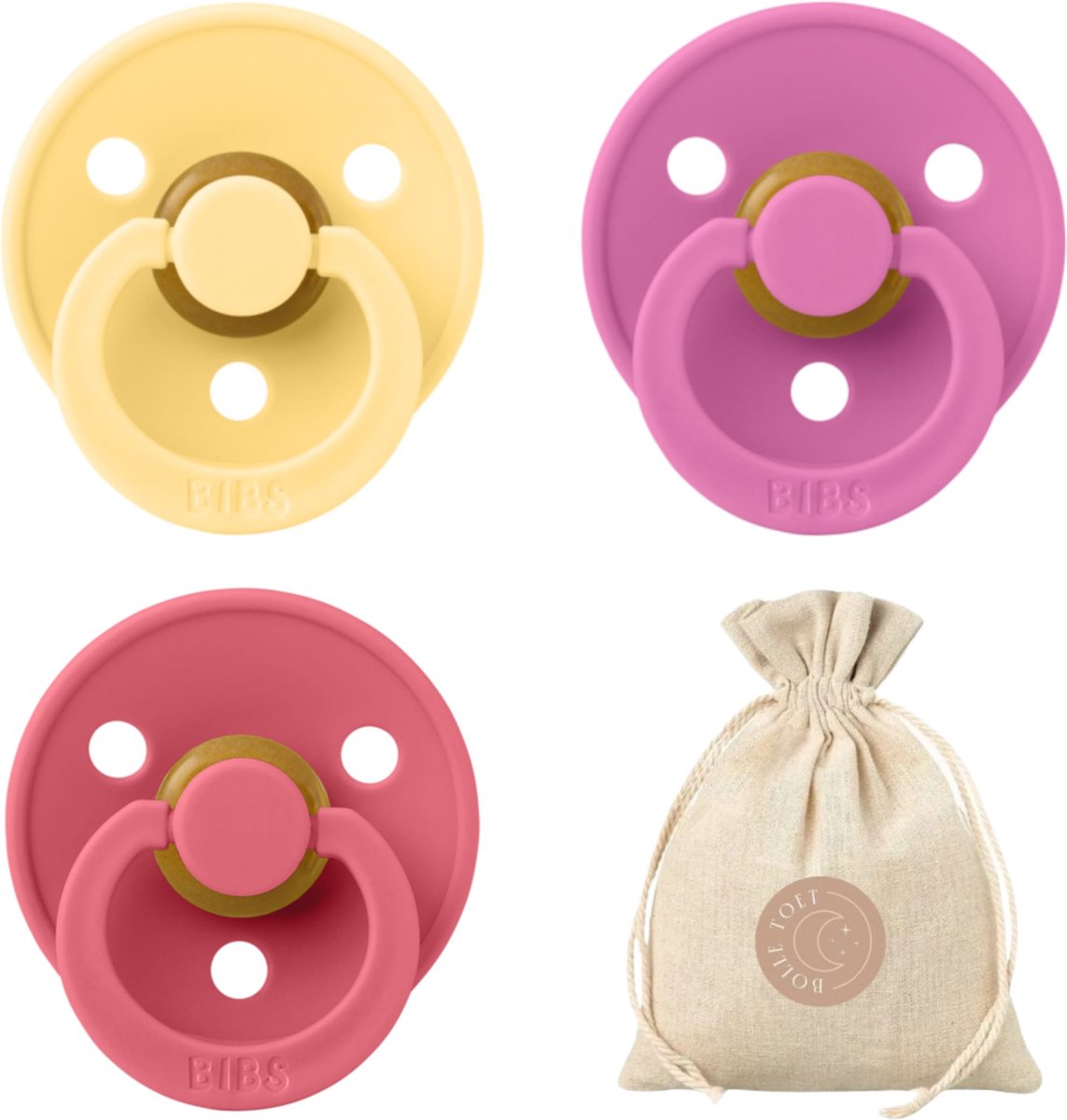 Goedkoopste BIBS fopspenen T1 speenzakje BolleToet - Pale Butter, Bubblegum, Coral - 0-6 maanden