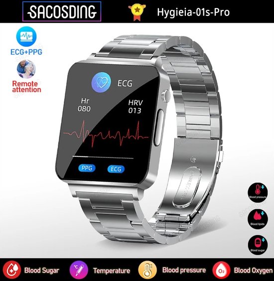 Foto: 2024 hygieia 01s pro niet invasieve luxe horloge bloedsuiker meten ecg ppg smart watch uniseks hartslag bloed zuurstof gezondheid lichaamstemperatuur meter smartwatch insuline pijnloos zonder prik meten zilveren stalen band met ai technologie