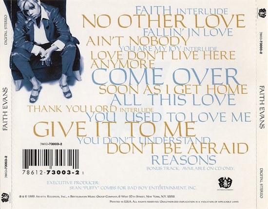 Faith Evans zittend in een pak, tekst "Faith Interlude" en lijst met nummers.
