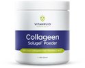 Witte pot met blauwe band. Tekst 'Collageen Solugel Poeder 99% puur collageen met Vitamine C en D. 250 GRAM'.
