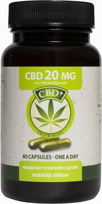 Jacob Hooy CBD 20 mg, 60 capsules. Groene pot met geel/wit etiket. Twee capsules afgebeeld.