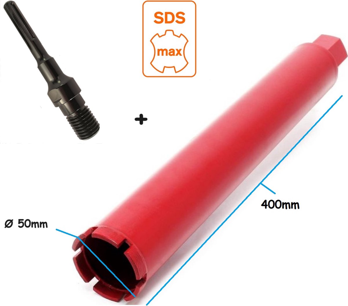 SDS-MAX Adapter + Kernboor diamantboor betonboor 50 x 400 gatenboor diamantboorkroon diamant boor kernboormachine airco boorkroon aansluiting boormachine 1-1/4'' UNC schroefdraad