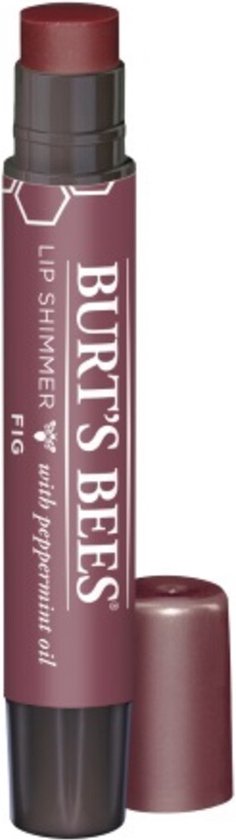 Burt's Bees Lip Shimmer in de kleur Fig, een open paarse huls met paarse lippenstift.