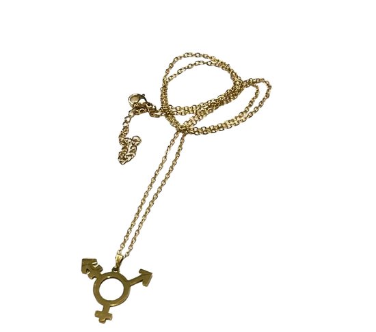 GoedeDoelen.Shop | Ketting Trans Pride Gold | RVS Ketting Goudkleur | Transgender Symbool | Kettinglengte 45+5 CM | Transgender Sieraad | Trans | Statement Ketting | Pride | Transgender | Unisex | Respect | Love Is Love | Wellness-House