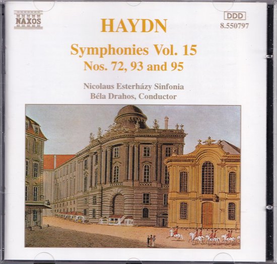 CD-hoes met de titel HAYDN Symfonieën Vol. 15 Nrs. 72, 93 en 95, met een gravure van een architectonisch complex.