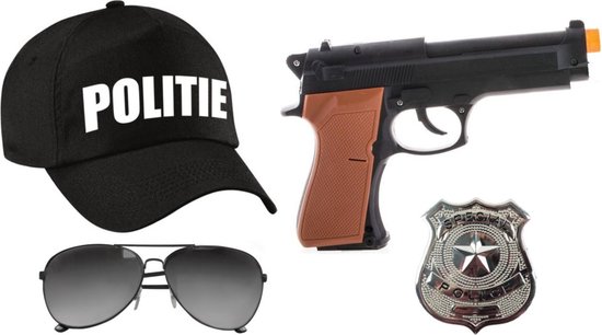 Carnaval verkleed politie agent pet/cap - zwart - pistool/badge/zonnebril - heren/dames - accessoires