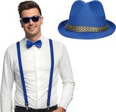 Toppers - Carnaval verkleedset Funky - hoed/bretels/bril/strikje - blauw - heren/dames - verkleedkleding - verkleedkleding accessoires