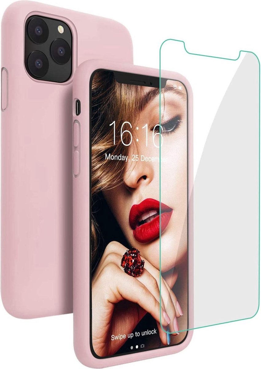 Siliconen Backcover Hoesje Pink Sand + Tempered Glas Screenprotector Geschikt voor: Apple iPhone 11 Pro