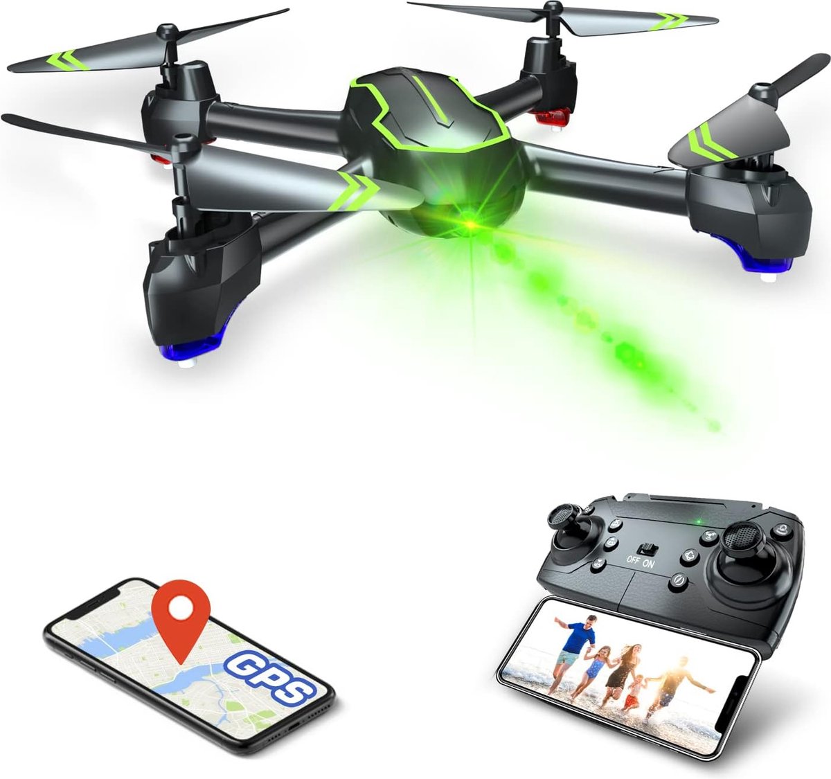 D&B Drone - GPS Drone met HD 1080P Camera - 32 Minuten Vliegtijd - Voor Beginners - Volgmodus - Automatische Terugkeer - Kleur Groen