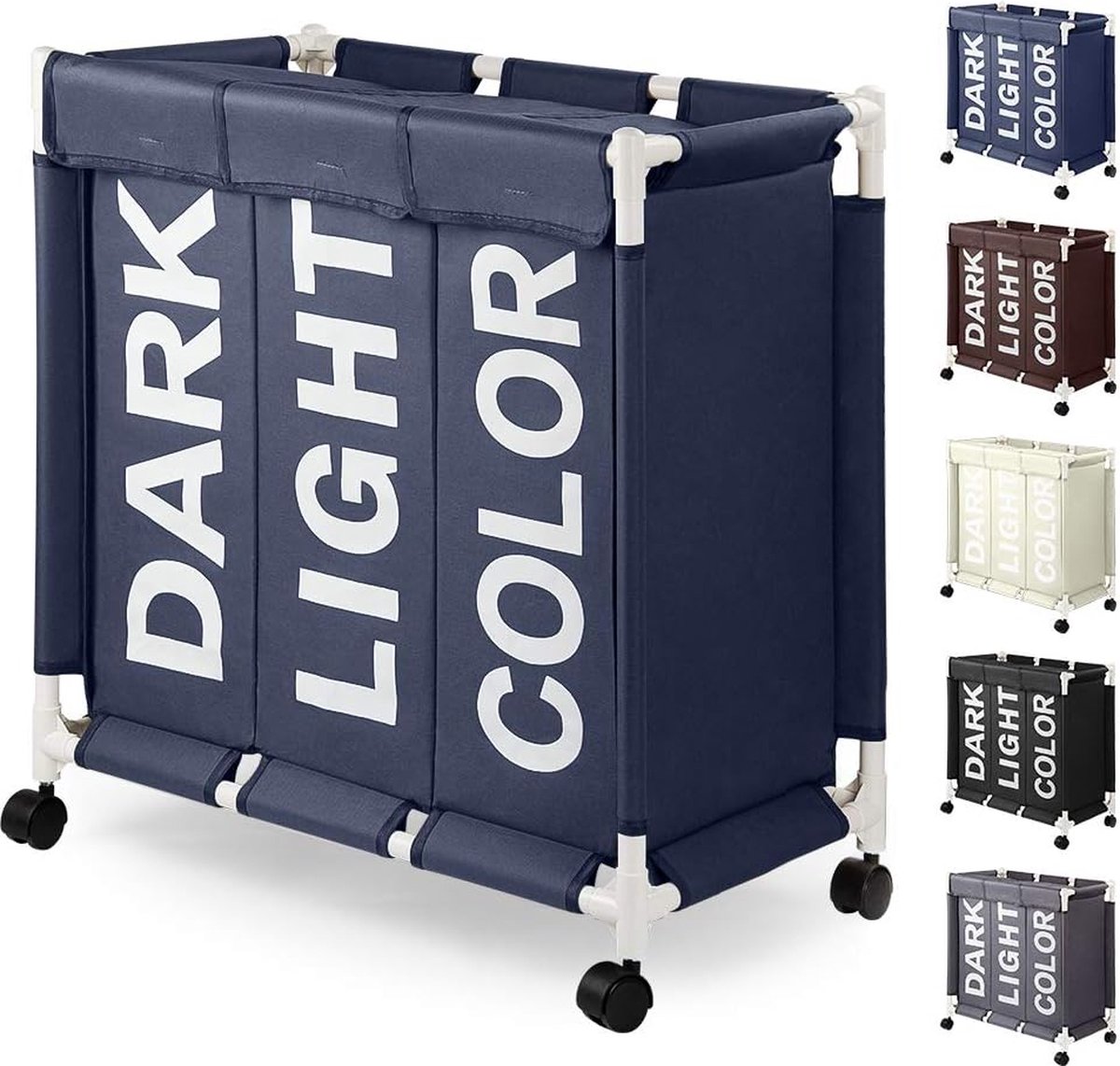 Goedkoopste Wassorteerder op wielen, wasmand van 90 liter, 3 vakken, wasmand van Oxford-stof met deksel, afneembare wasmand met wielen, efficiënt sorteren en opbergen (donkerblauw O2