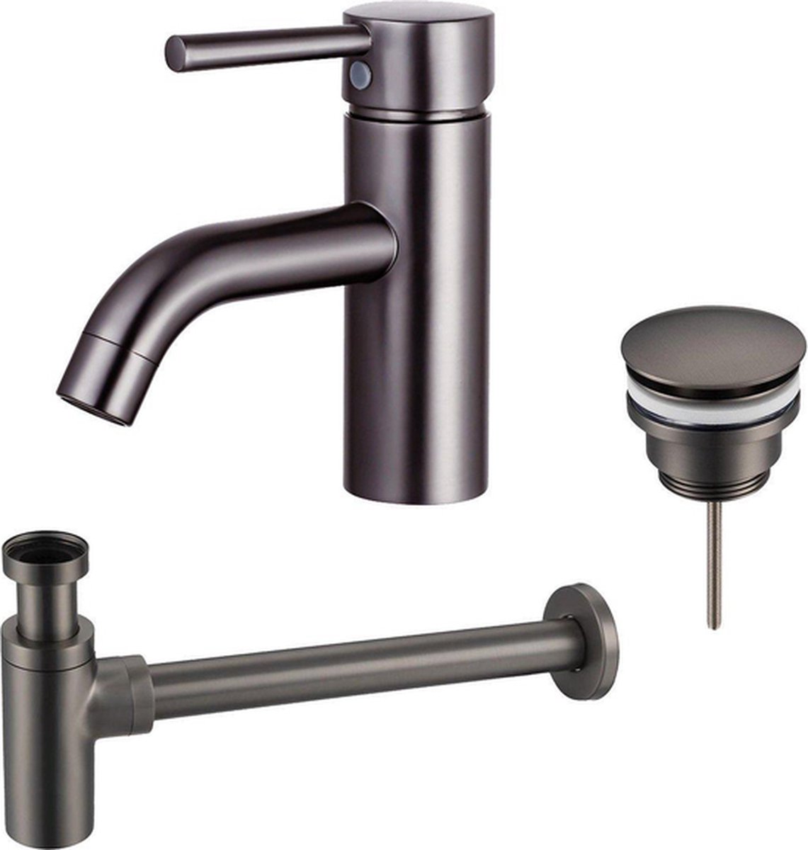 FortiFura Calvi Wastafelkraanset lage wastafelkraan klikwaste plug design sifon PVD Gepolijst Gunmetal