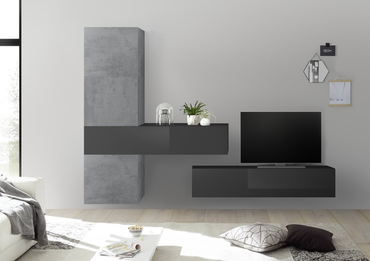 TV-wandmeubel Bruno in hoogglans grijs met grijs beton