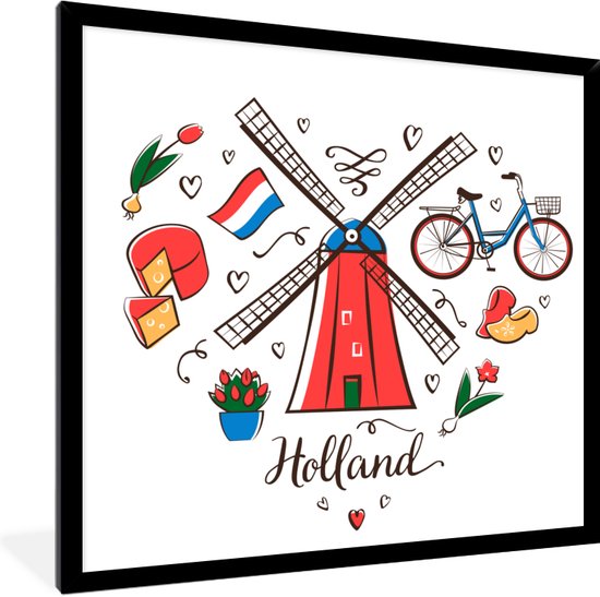 Fotolijst incl. Poster - Illustratie van een molen met de landsnaam van Nederland - 40x40 cm - Posterlijst