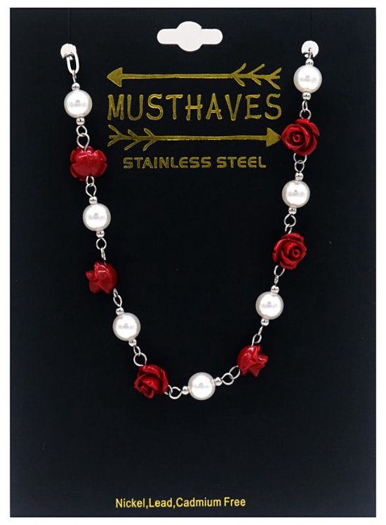 Collier avec perles et roses - Acier inoxydable - Longueur 44 cm - Couleur argent