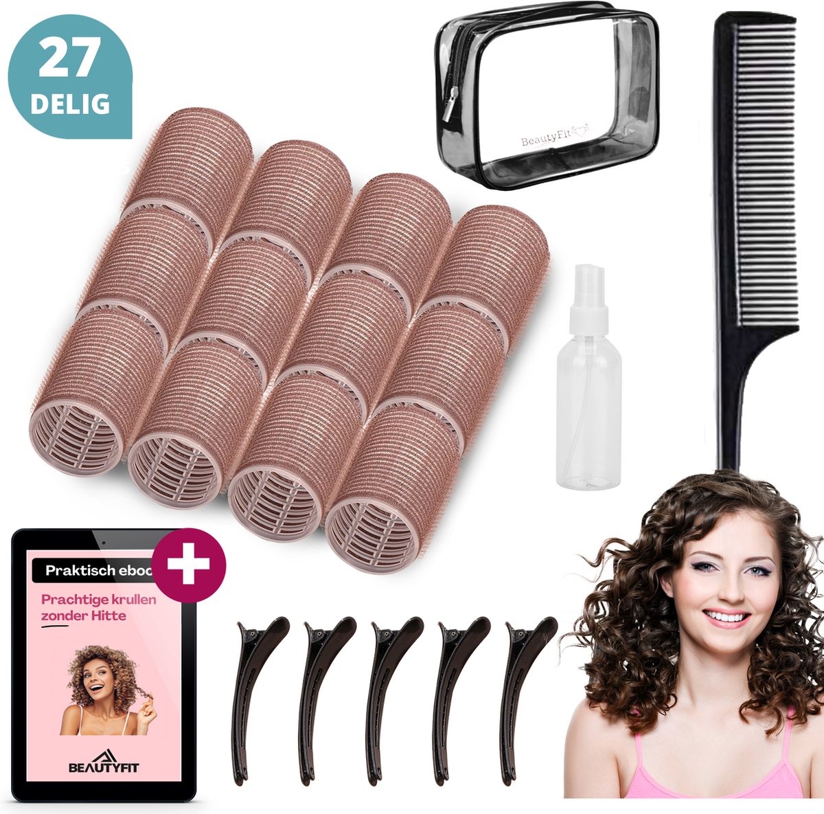 BeautyFit® - Kleefrollers 27-delige - Heatless Curls - Inclusief E-book - Waterspray + Haarkam + Opbergbag - Krulspelden - Krulspelden Rollers - Krullen Zonder Hitte - Haar rollers Zelfklevend - Haarrollers - Bruin