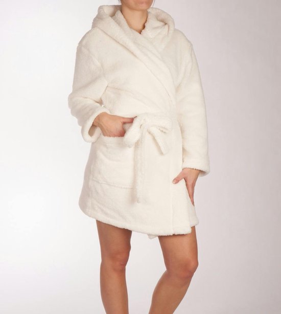 SCHIESSER Essentials badjas - dames kamerjas teddyfleece comfort fit gebroken wit - Maat: M