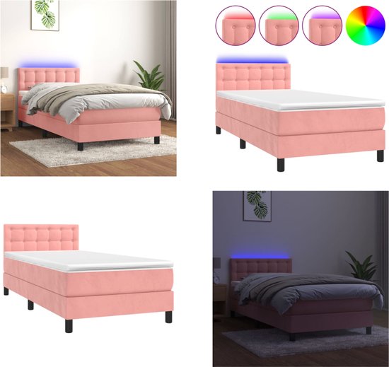 vidaXL Boxspring met matras en LED fluweel roze 100x200 cm - Boxspring - Boxsprings - Bed - Slaapmeubel