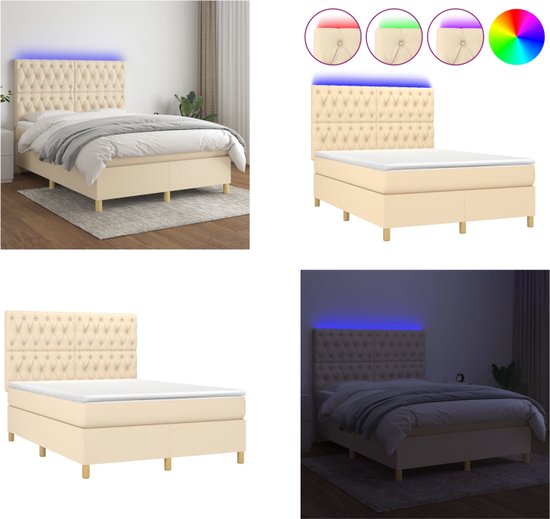 vidaXL Boxspring met matras en LED stof crèmekleurig 140x190 cm - Boxspring - Boxsprings - Bed - Slaapmeubel