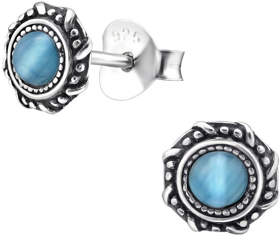 Joy|S - Zilveren Bali oorbellen - 6 mm - blauw chalcedony - massief