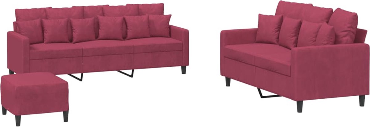 vidaXL - 3-delige - Loungeset - met - kussens - fluweel - wijnrood