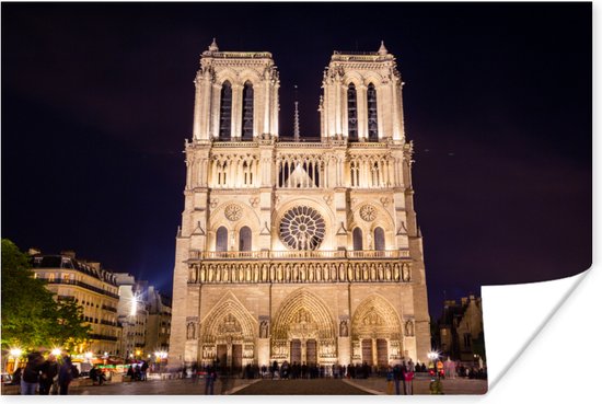Notre Dame bij nacht Poster 120x80 cm - Foto print op Poster (wanddecoratie woonkamer / slaapkamer) / Europa Poster