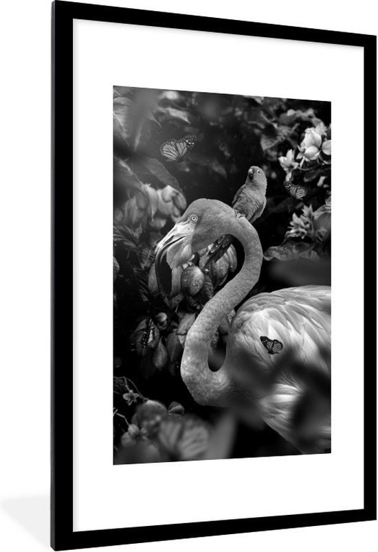 Cadre photo avec poster Zwart et Wit- Flamingo et oiseau dans la jungle - noir et blanc - 80x120 cm - Cadre poster