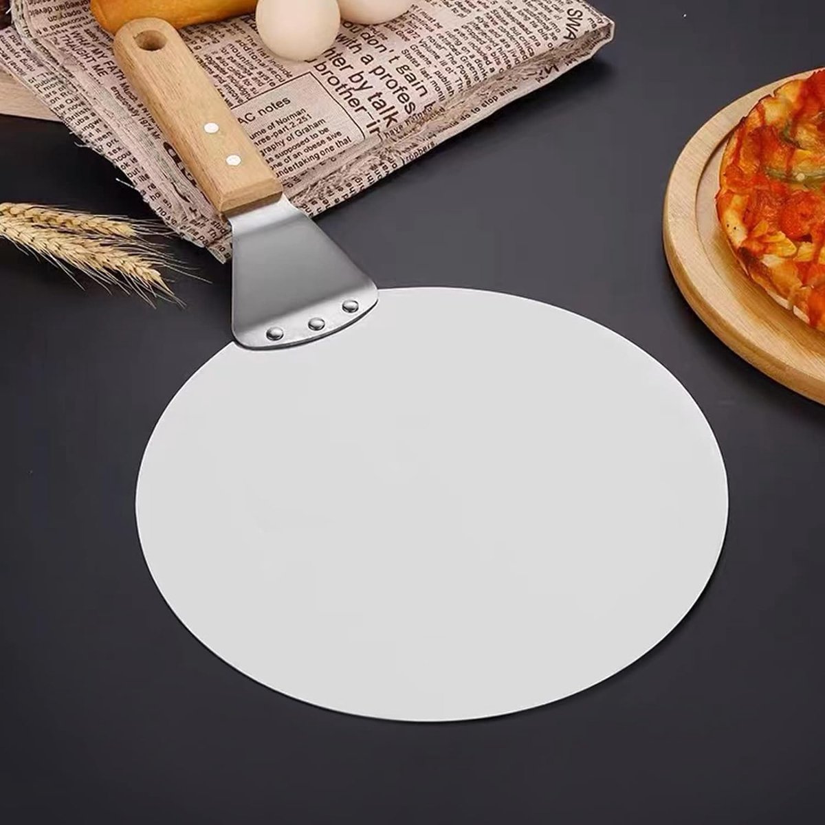 Rdddhur Pizzaschep, metalen pizzaschep met houten handvat en roestvrijstalen metalen dienblad Rdddhur Pizzaschep, metalen pizzaschep met houten handvat en roestvrijstalen metalen dienblad