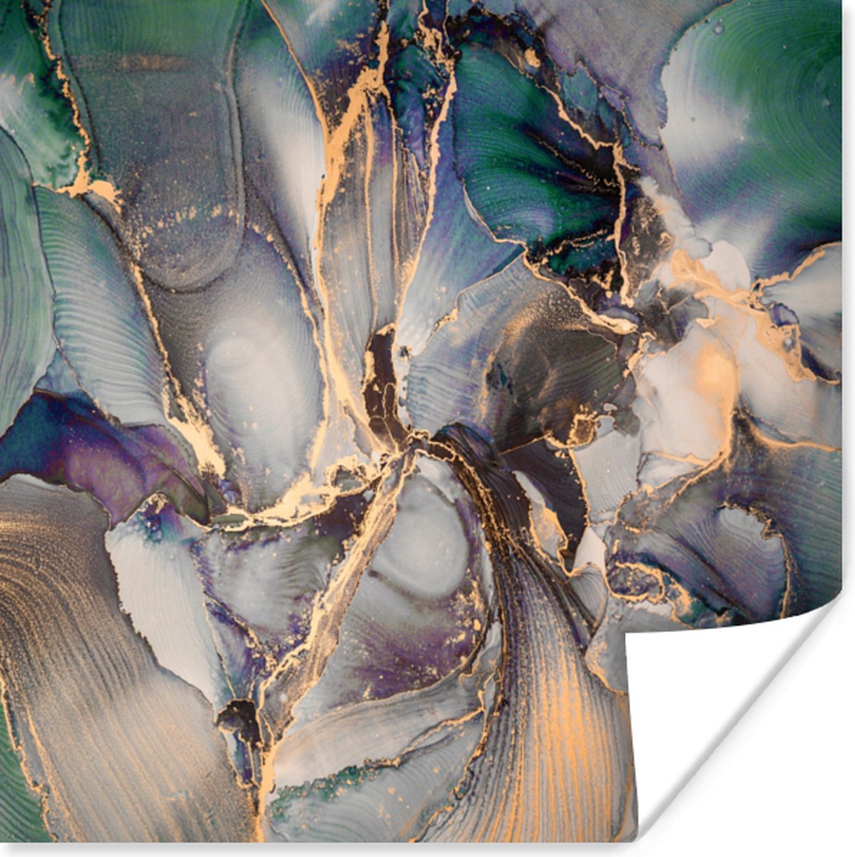 Poster Goud - Blauw - Marmer - 50x50 cm