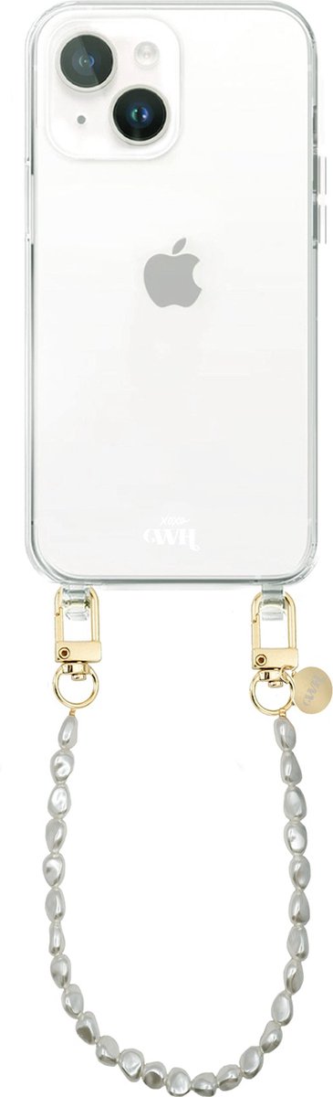 xoxo Wildhearts siliconen hoesje - Geschikt voor iPhone 15 - Pearlfection - Telefoonhoesje - Hoesje met koord - Parelketting - kort telefoonkoord - Transparant hoesje (korte variant)