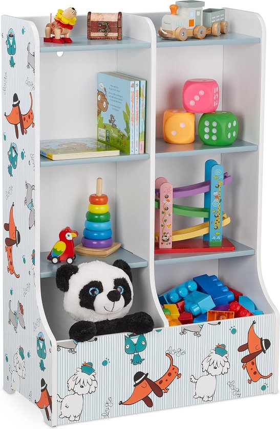 speelgoedkast, 8 vakken, MDF, kinderkast met hondenprint, HxBxD: 90 x 59 x 30 cm, kinderboekenkast, kleurrijk