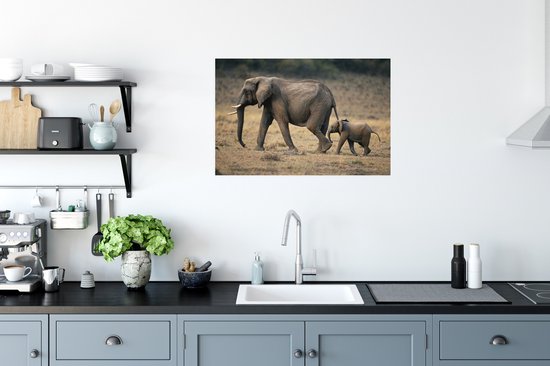 Affiche - L'enfant court après la mère éléphant - 60x40 cm