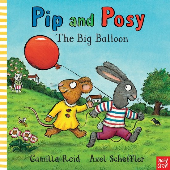 Pip et Posy, le gros ballon. Pip la souris en robe jaune et Posy le lapin en pull rayé courent avec un ballon rouge.