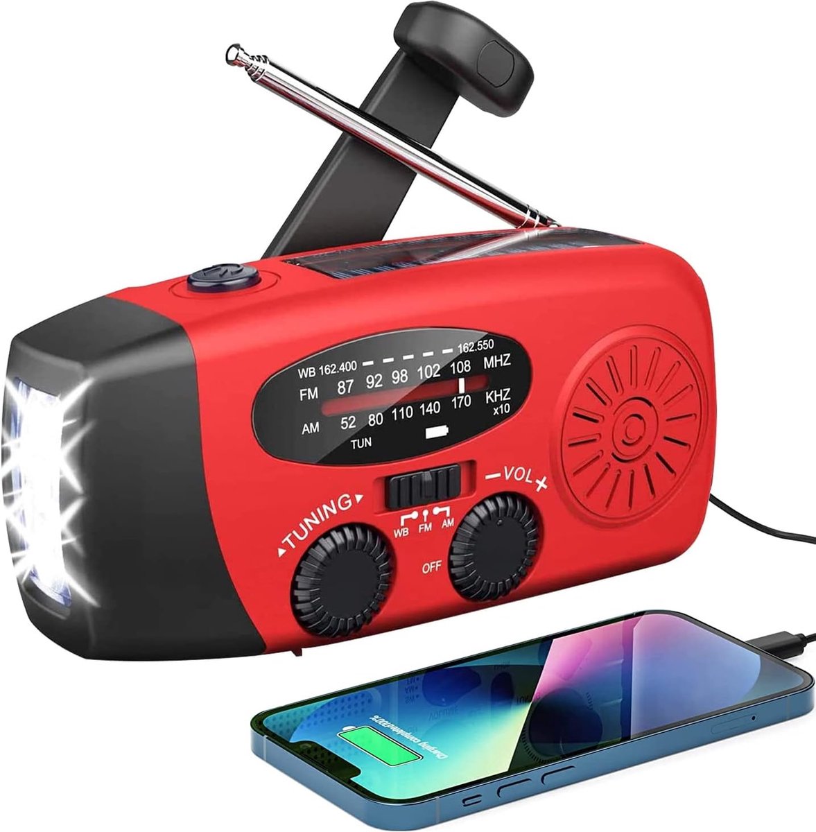 Noodradio - Opwindbaar - Dynamo - SOS alarm - Mobiel oplaadbaar - Camping - USB C - Thuis - Rood